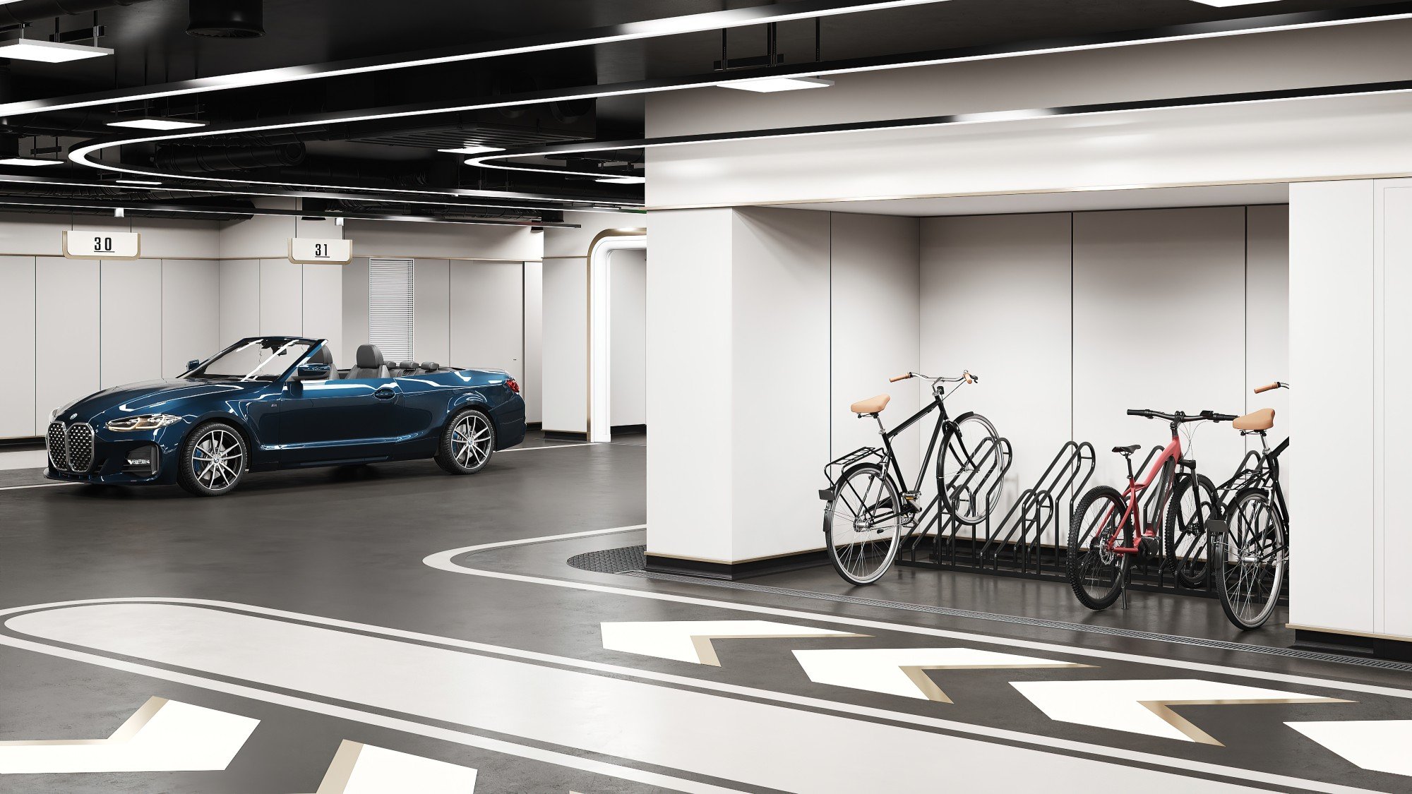 Зона хранения велосипедов на подземном паркинге